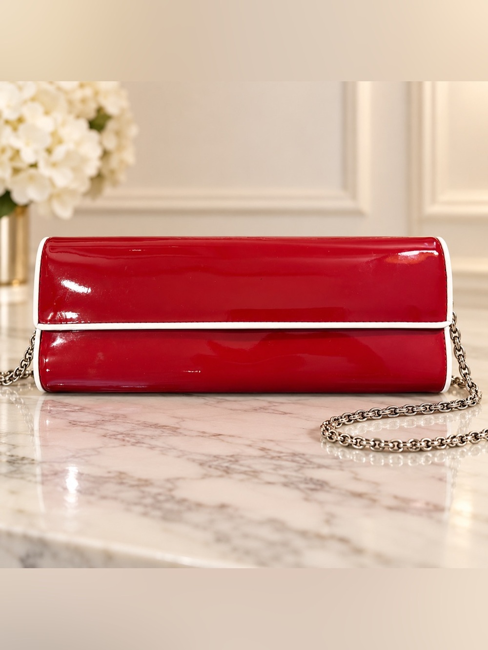 Aldo Red Patent Clutch with Silver Chain